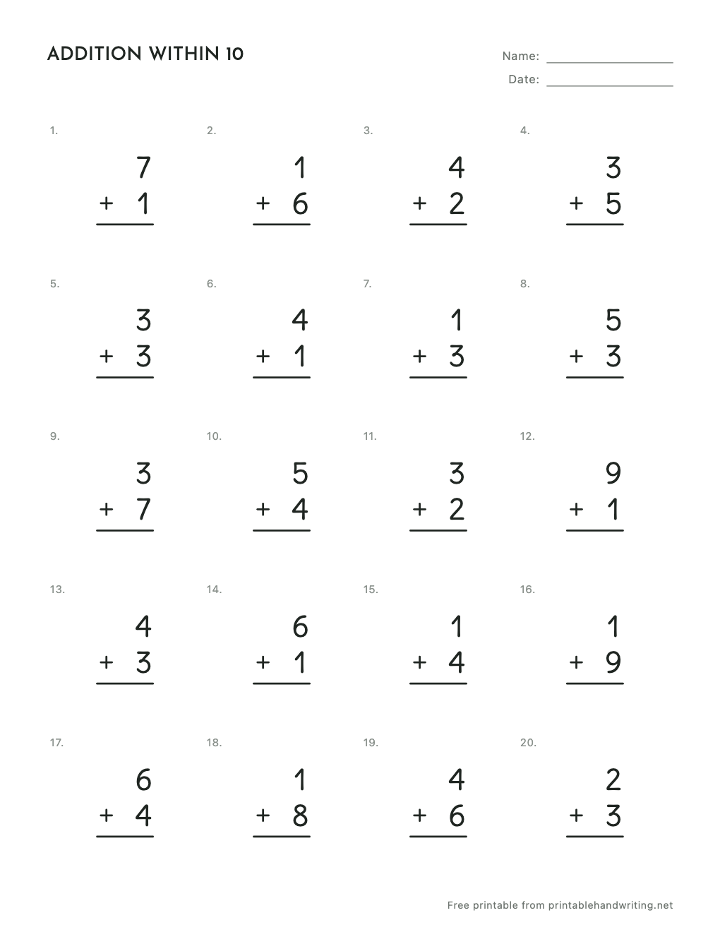Addition Within 10 Worksheets: free printable sample sheet
