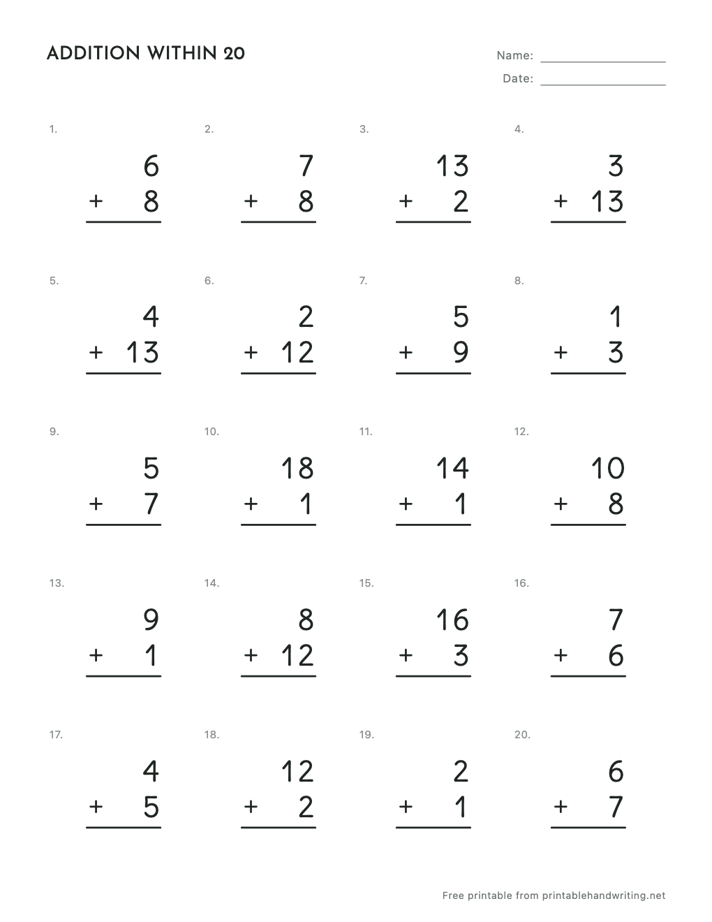 Addition Within 20 Worksheets: free printable sample sheet