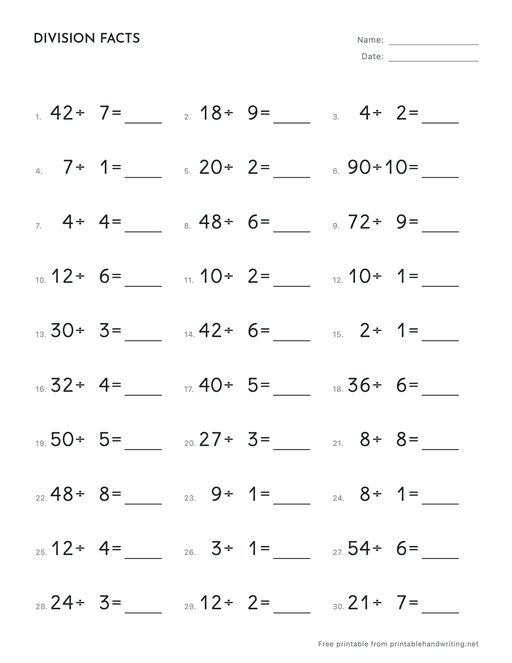 Division Facts Worksheets: free printable sample sheet
