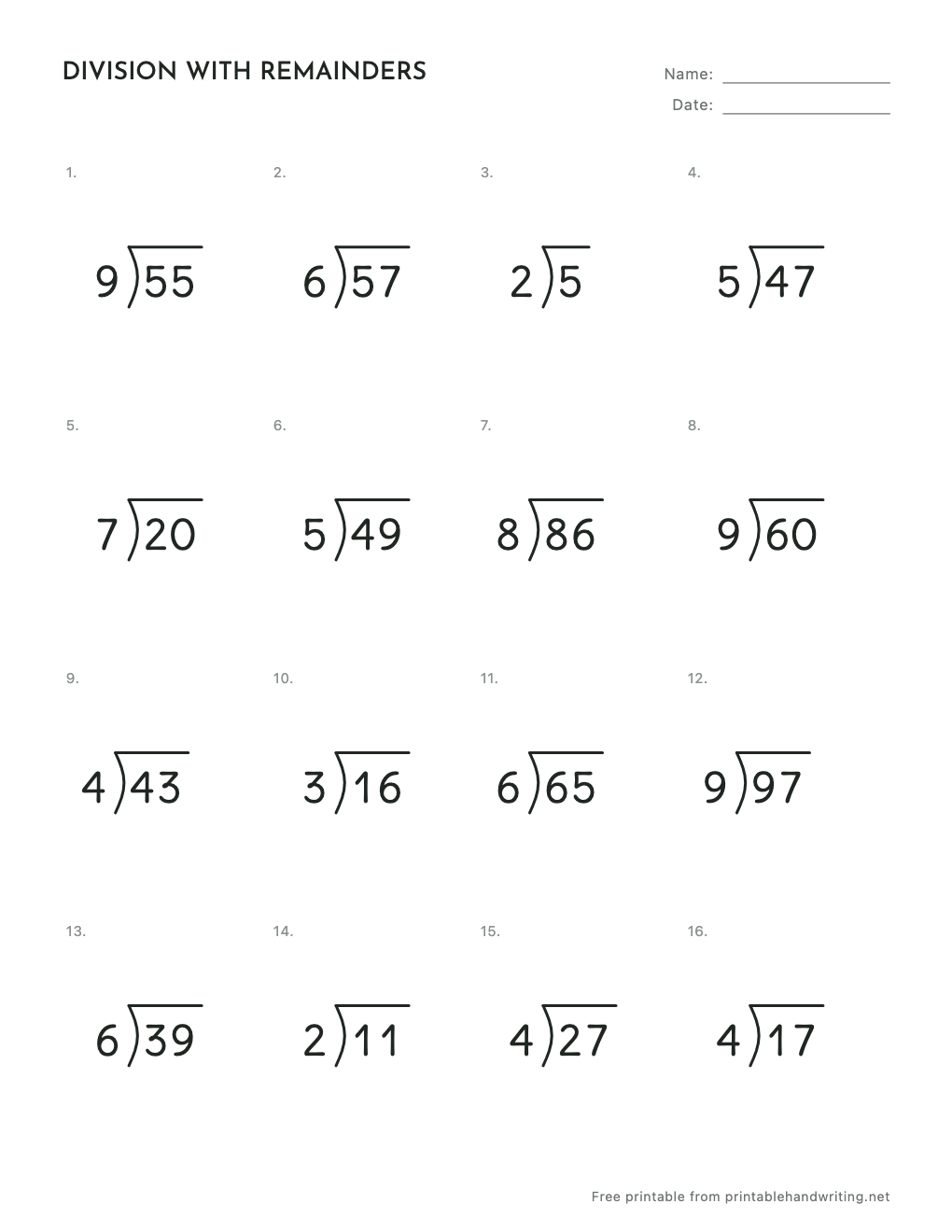 Division With Remainders Worksheets: free printable sample sheet