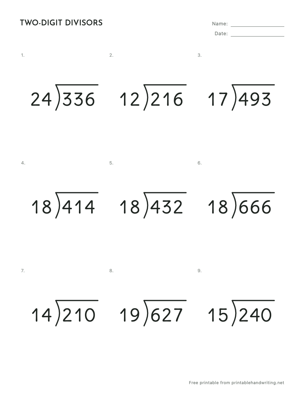 Long Division With Two-Digit Divisors Worksheets: free printable sample sheet