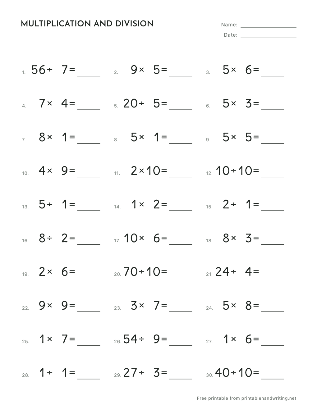 Multiplication and Division Facts Worksheets: free printable sample sheet