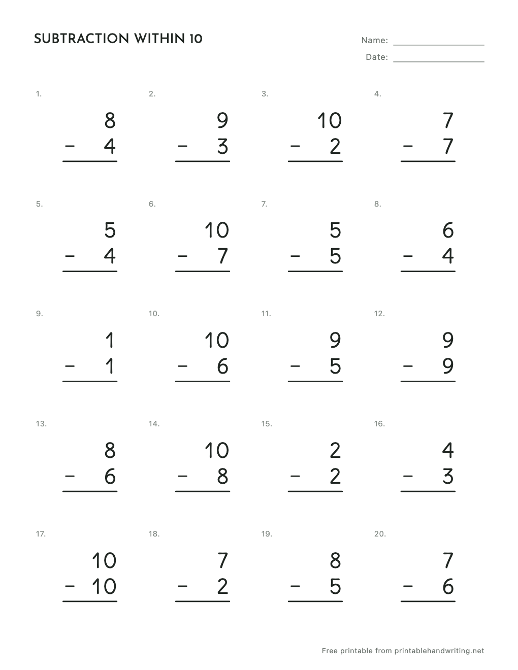 Subtraction Within 10 Worksheets: free printable sample sheet