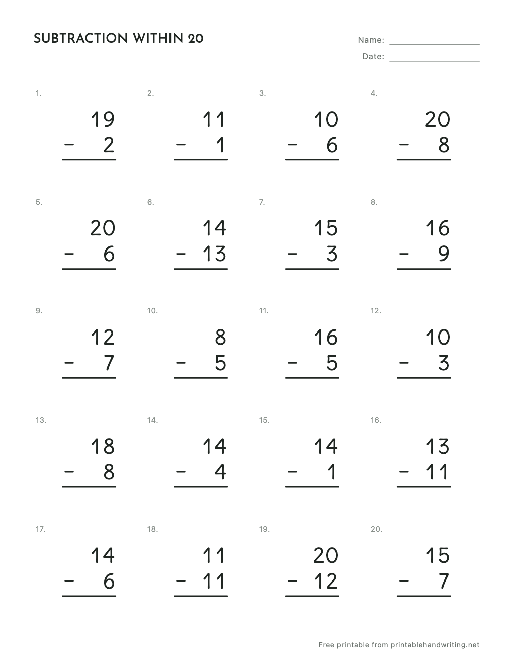 Subtraction Within 20 Worksheets: free printable sample sheet