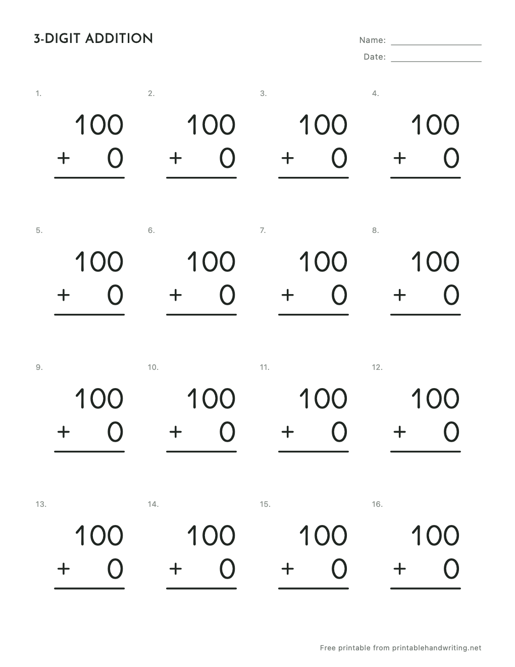 Three-Digit Addition Worksheets: free printable sample sheet