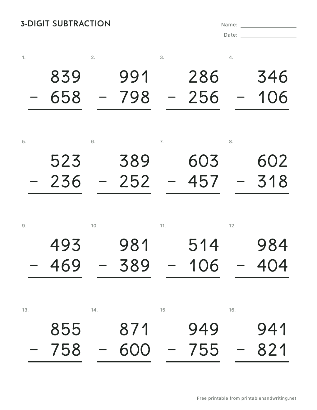 Three-Digit Subtraction Worksheets: free printable sample sheet