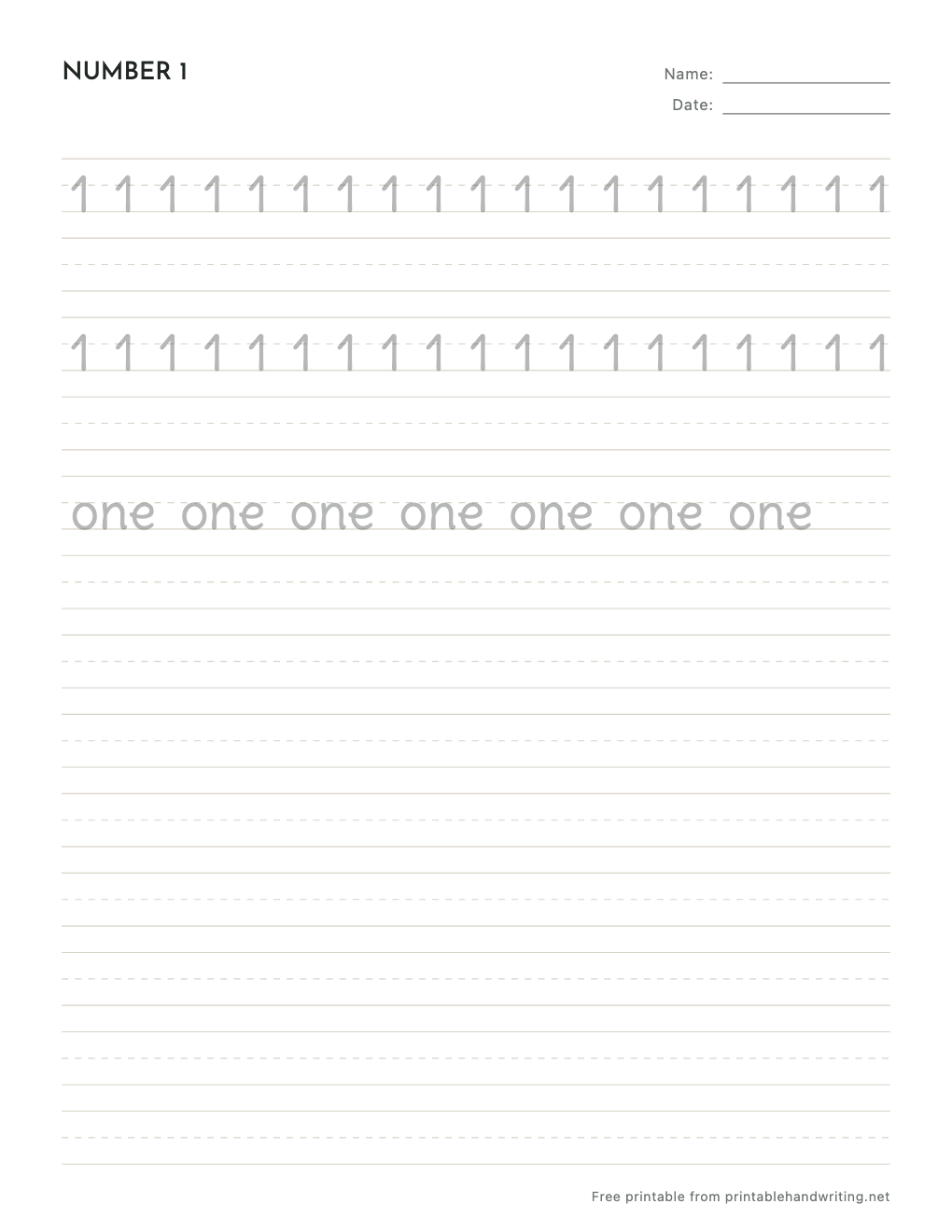 Number 1 Tracing Worksheets: free printable sample sheet