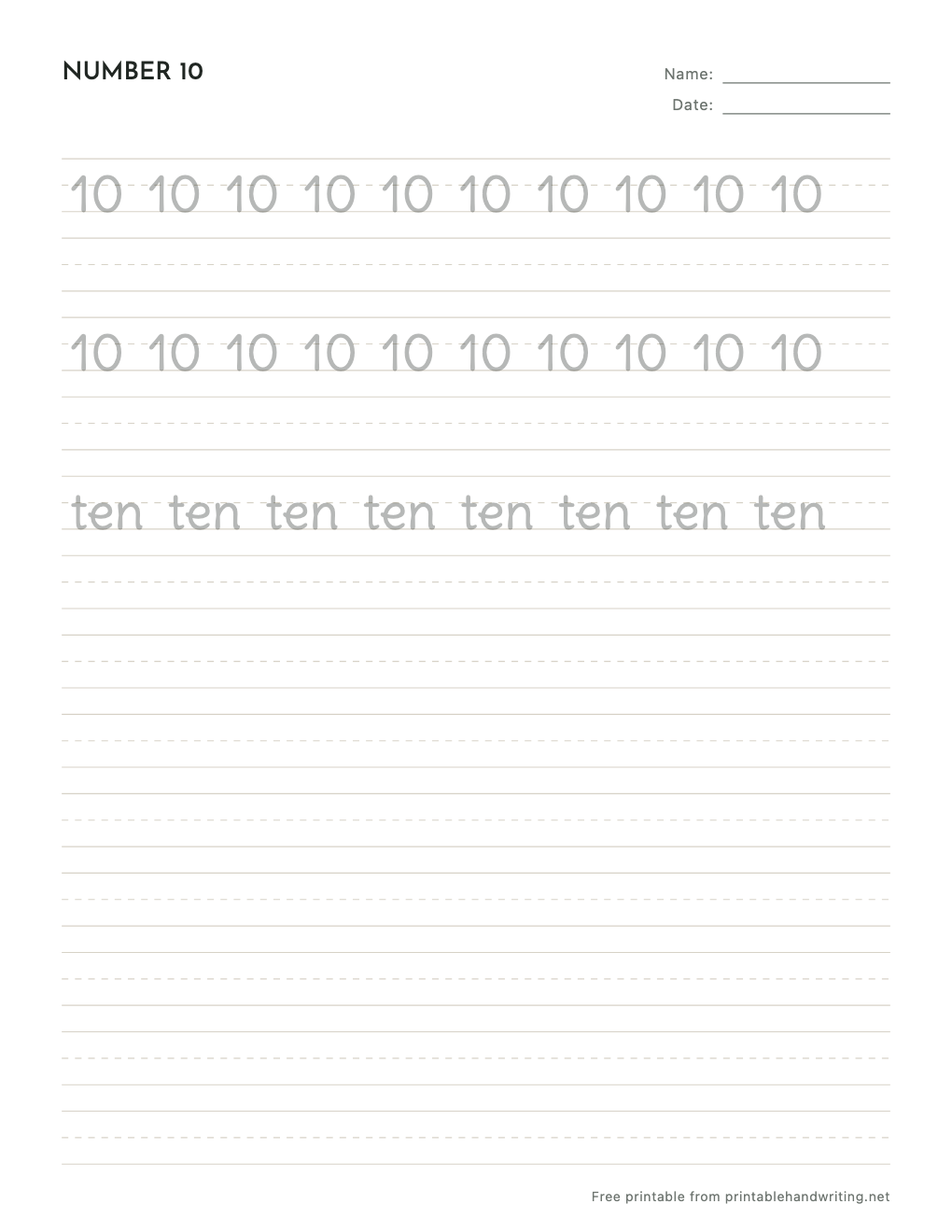 Number 10 Tracing Worksheets: free printable sample sheet