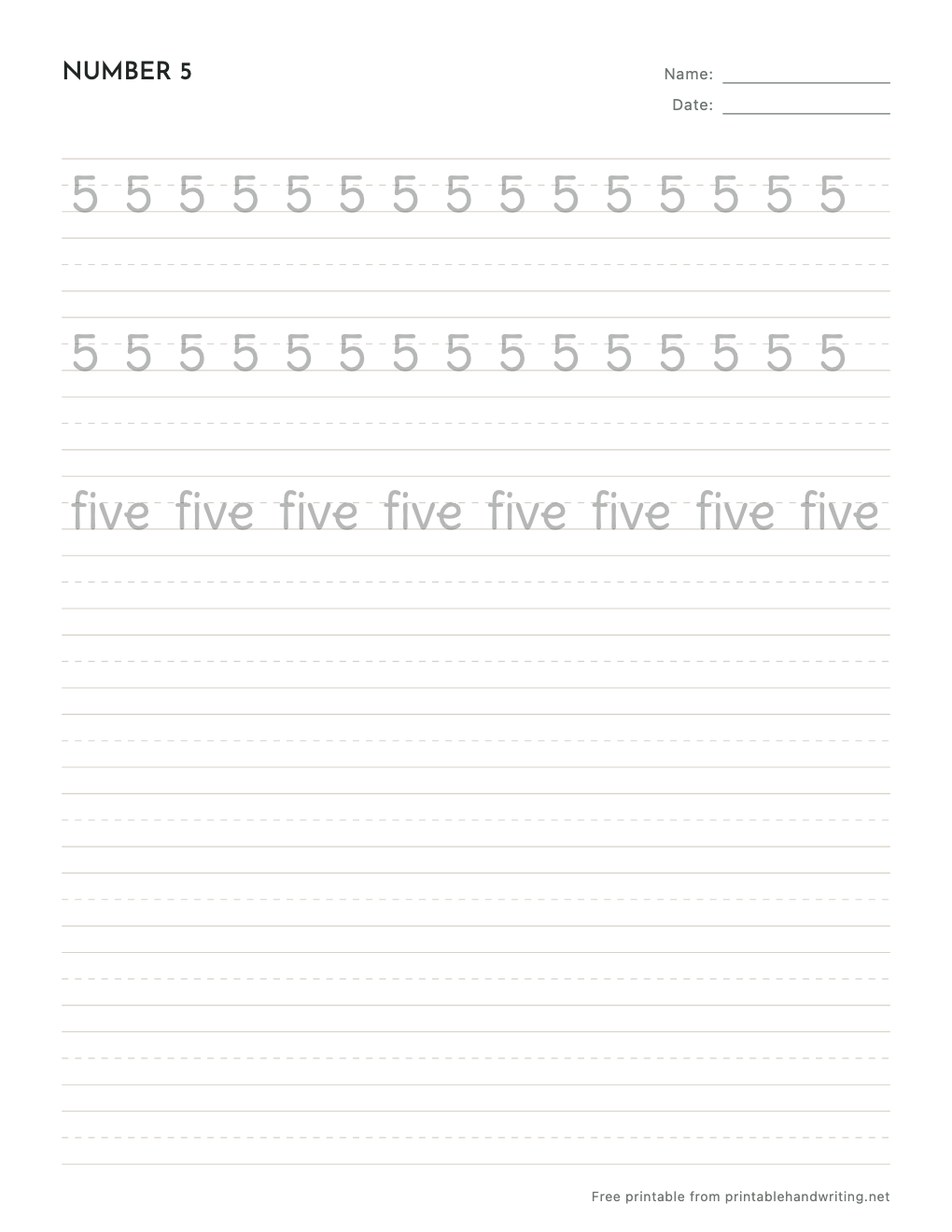 Number 5 Tracing Worksheets: free printable sample sheet