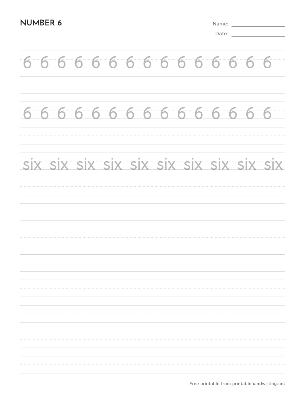 Number 6 Tracing Worksheets: free printable sample sheet