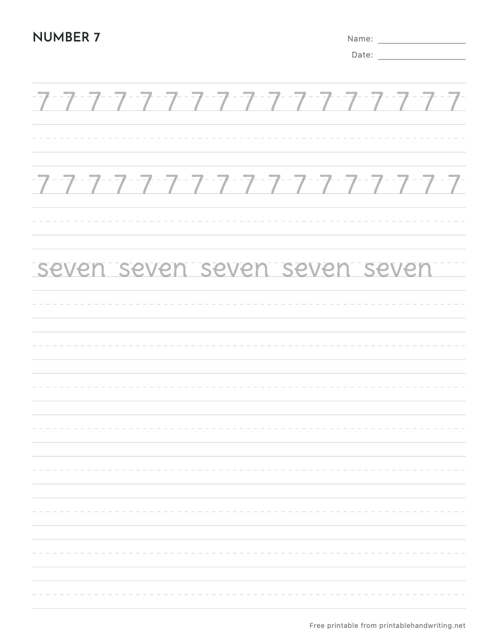Number 7 Tracing Worksheets: free printable sample sheet