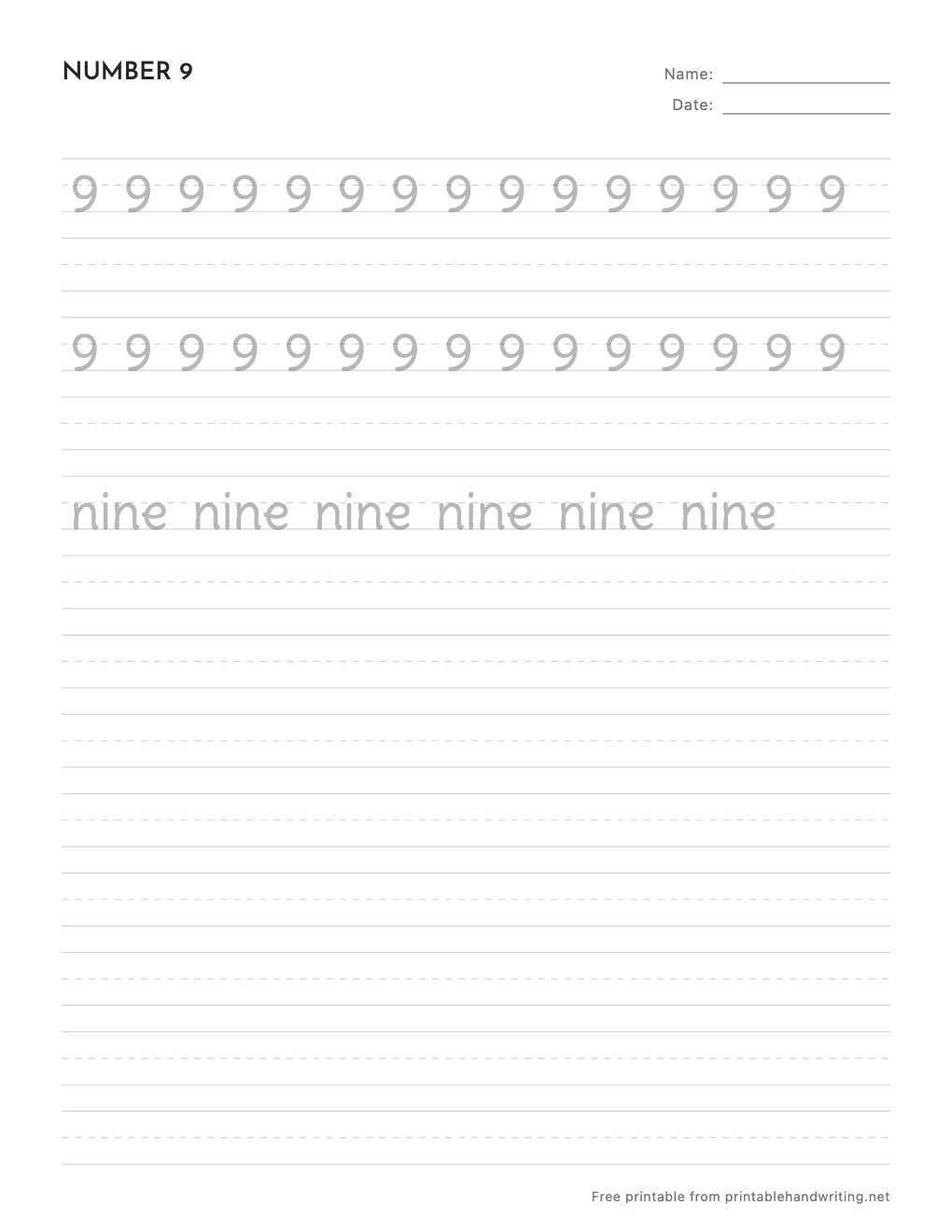 Number 9 Tracing Worksheets: free printable sample sheet