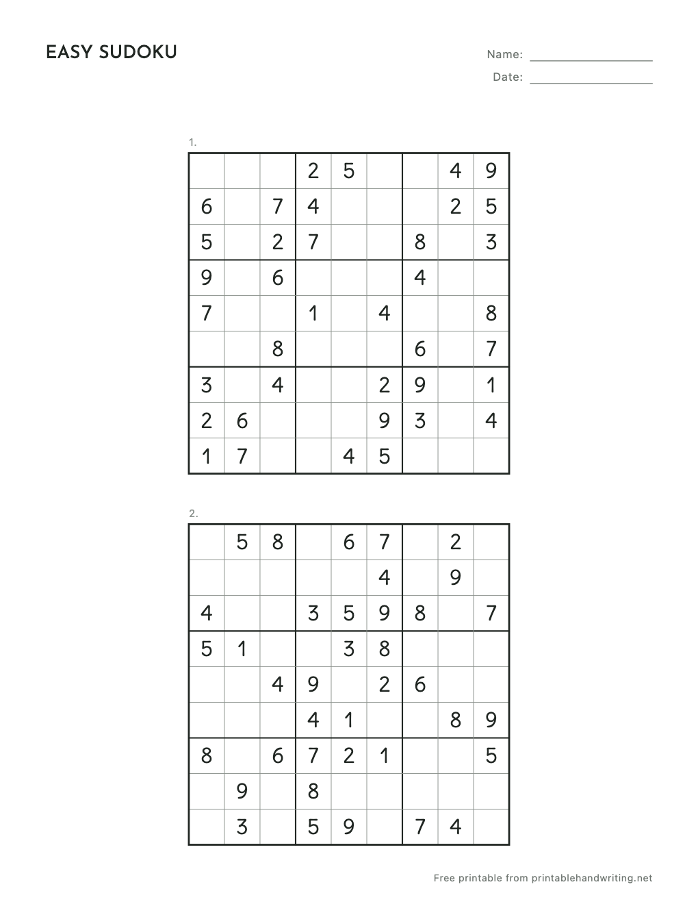 Easy Sudoku Puzzles: free printable sample sheet