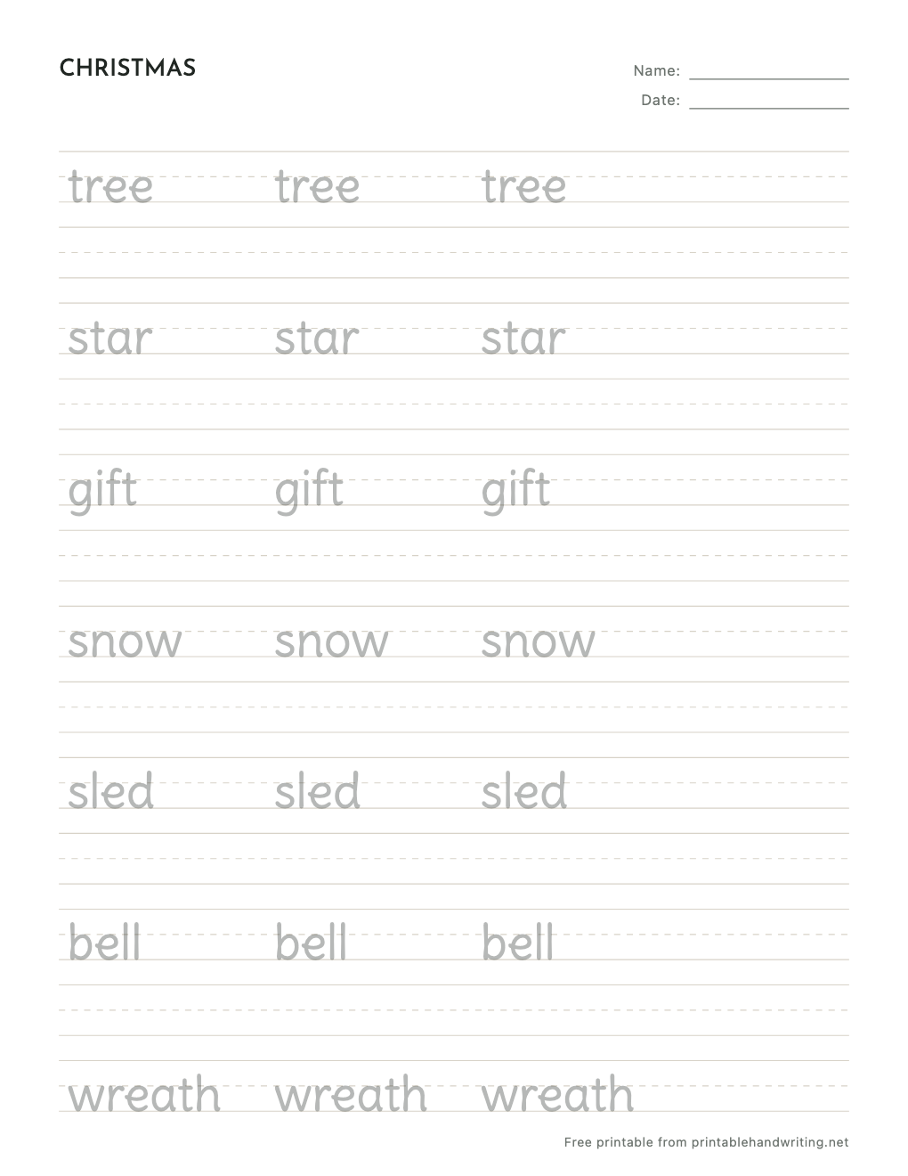 Christmas Handwriting Worksheets: free printable sample sheet