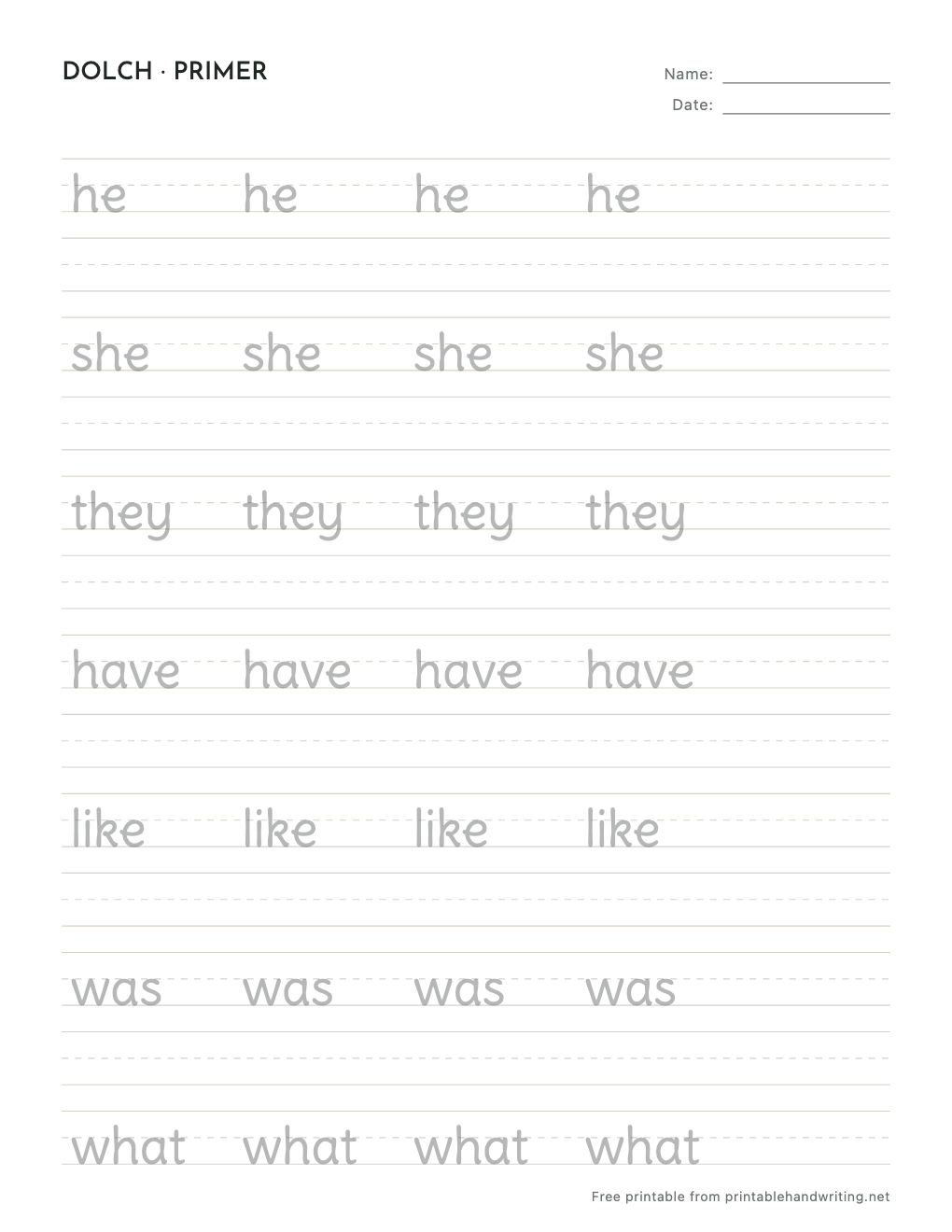 Dolch Primer Sight Words Handwriting Worksheets: free printable sample sheet