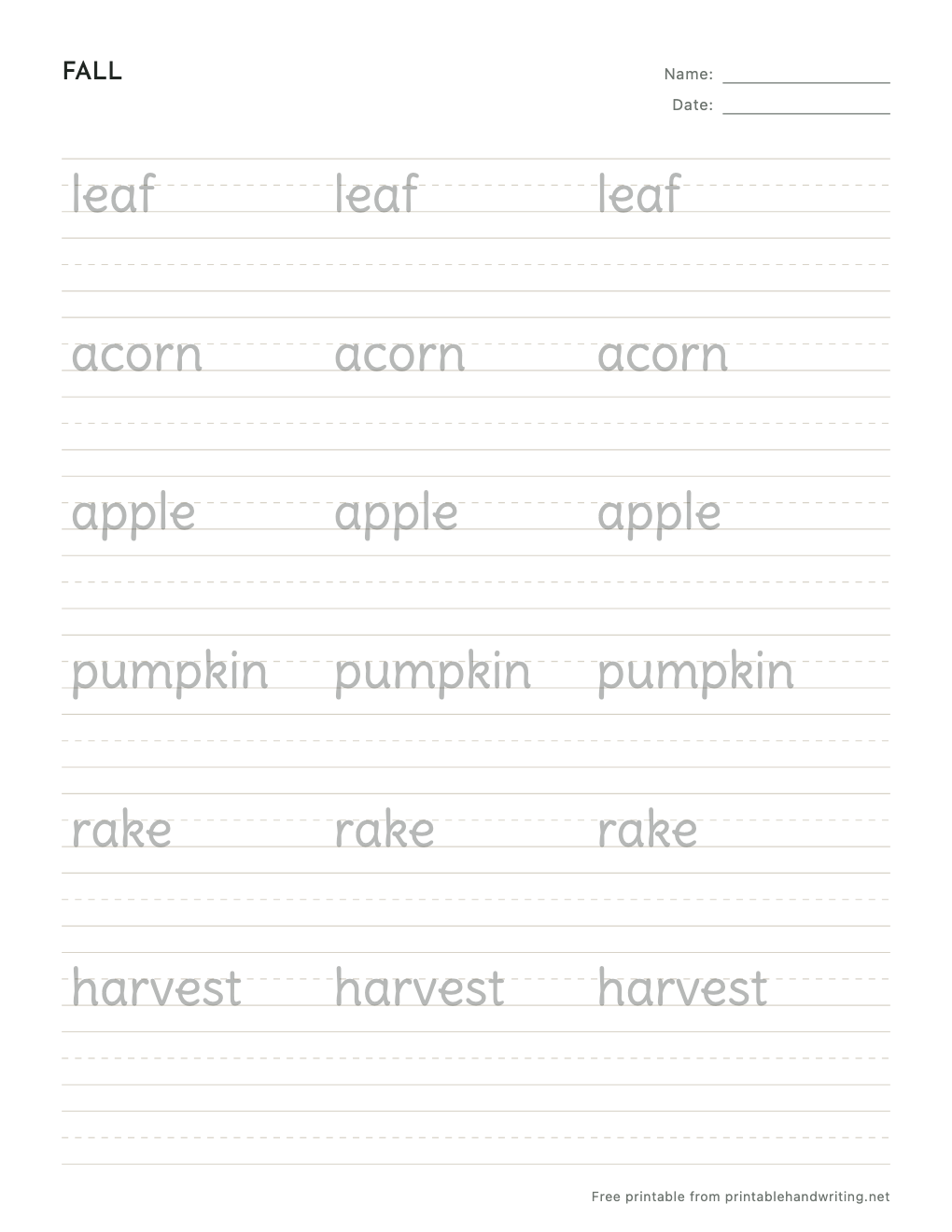 Fall Handwriting Worksheets: free printable sample sheet