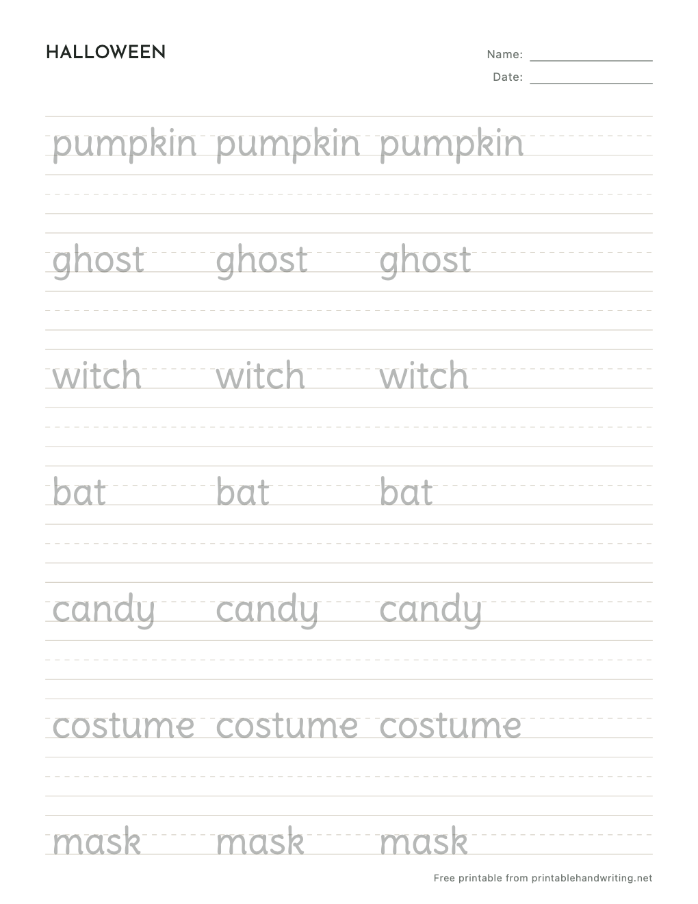 Halloween Handwriting Worksheets: free printable sample sheet