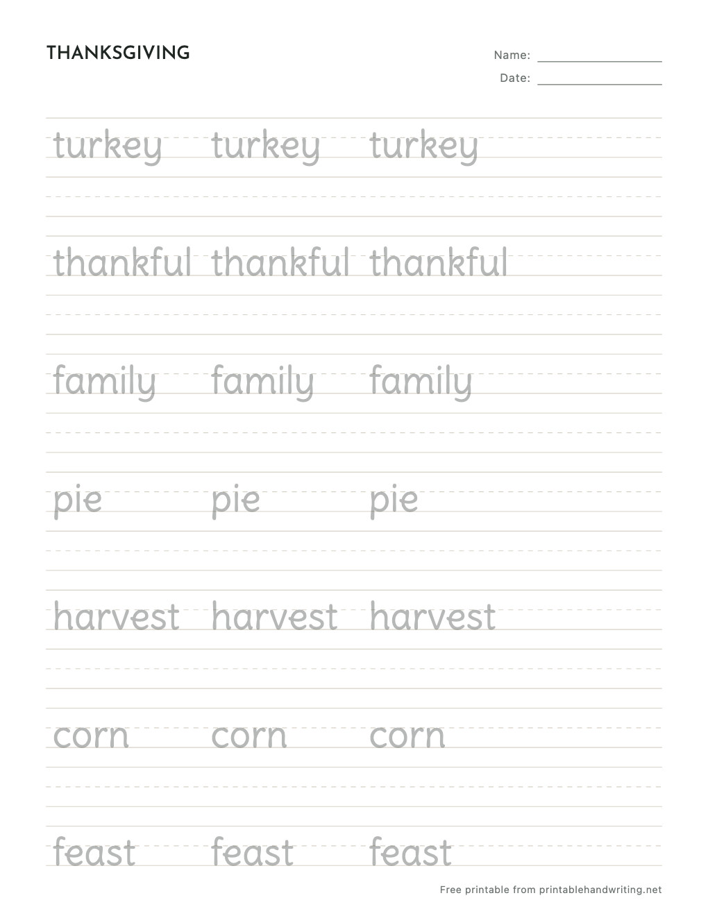 Thanksgiving Handwriting Worksheets: free printable sample sheet