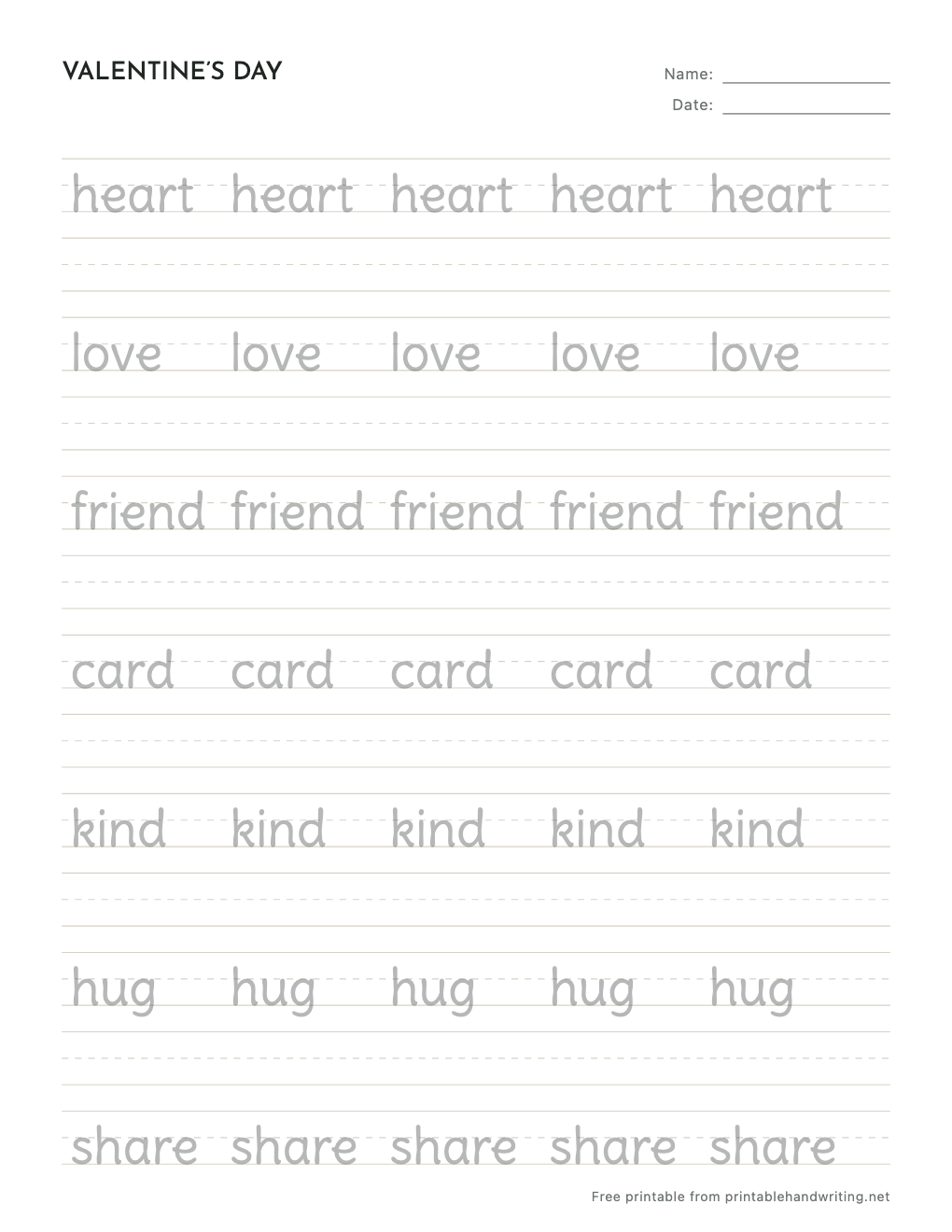 Valentine's Day Handwriting Worksheets: free printable sample sheet