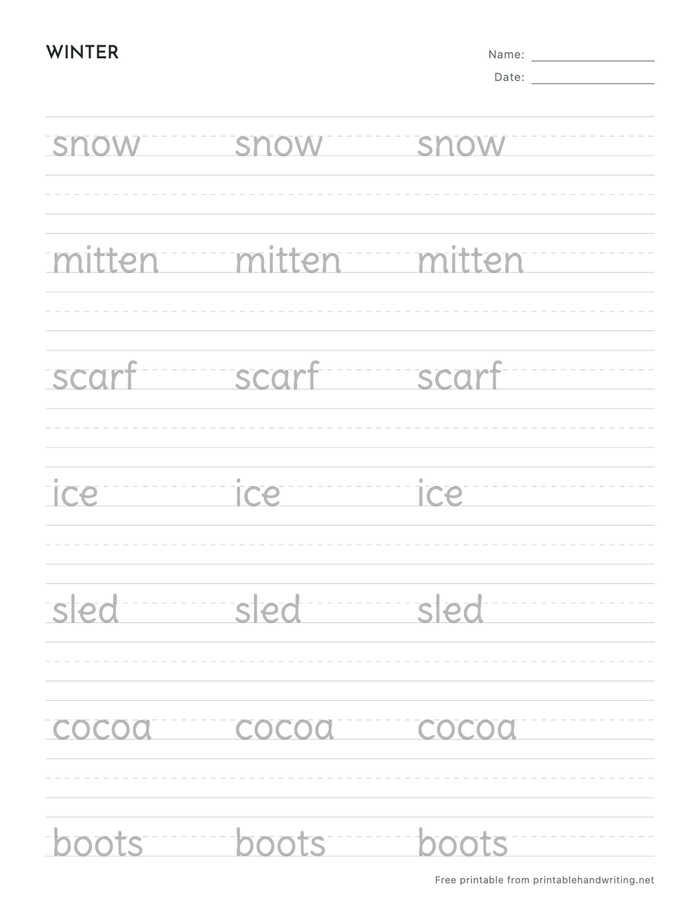 Winter Handwriting Worksheets: free printable sample sheet